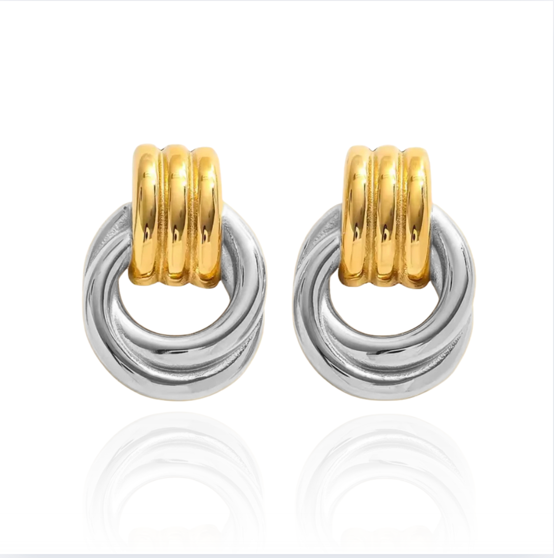 mara Knot Earring in mixed gold and silver on white background, large vintage-inspired earrings for women, hypoallergenic statement jewelry.